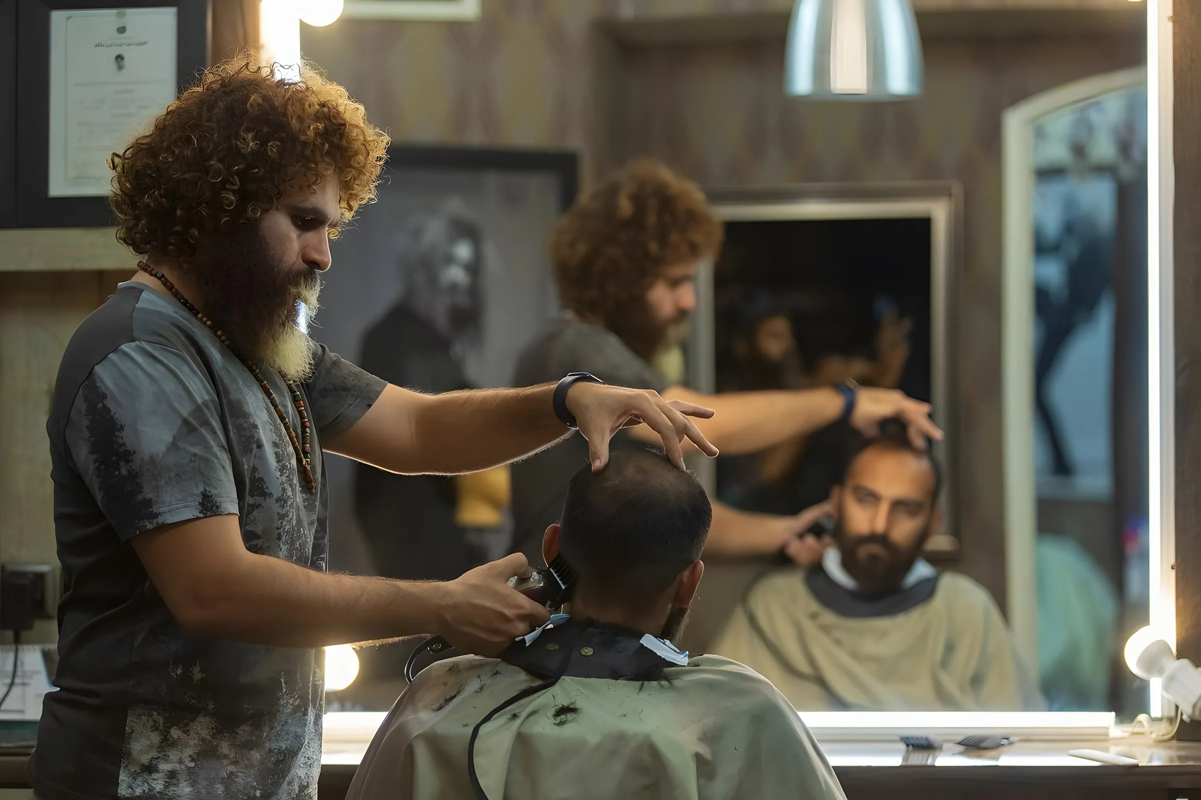 A barber cutting a customer’s hair in a busy barber shop